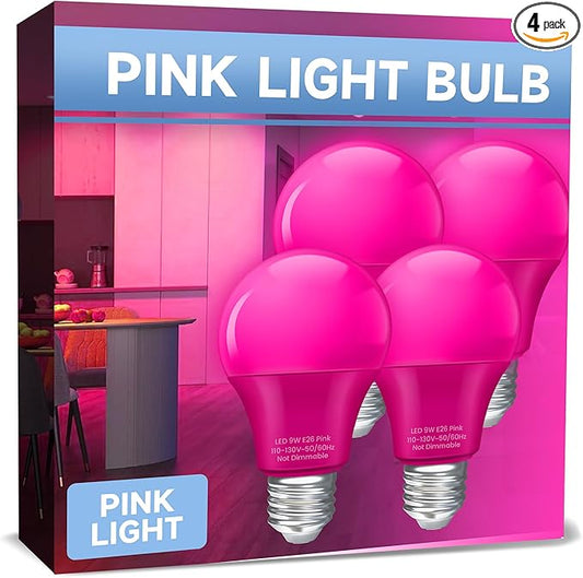 UNILAMP Pink Light Bulbs: A19 9W Colored Light Bulbs, 60 Watt Equivalent, Pink Light for Halloween Decoration, Christmas Decor, Holiday Party Lighting, Home Porch Lighting, 4 Pack