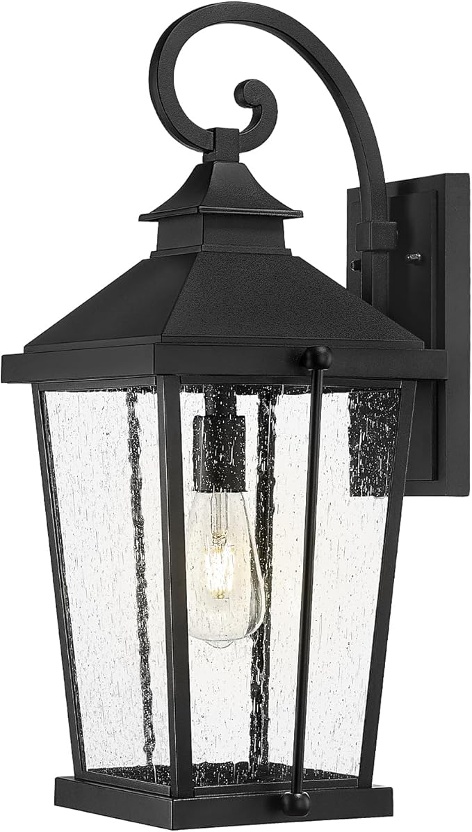 zeyu 22 Inch Outdoor Lights for House, 1-Light Outdoor Wall Sconce for House Porch, Die-Cast Aluminum with Seeded Glass, Black Finish, ZW105B-M BK