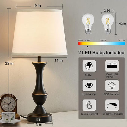 Luvkczc Touch Table Lamps Set of 2, 22" Tall Bedside Lamps with USB C+A Ports,Dimmable Nightstand Lamps, Table lamp for Bedrooms, Living Room, Office, Black Lamp with White Lampshade, Bulbs Included