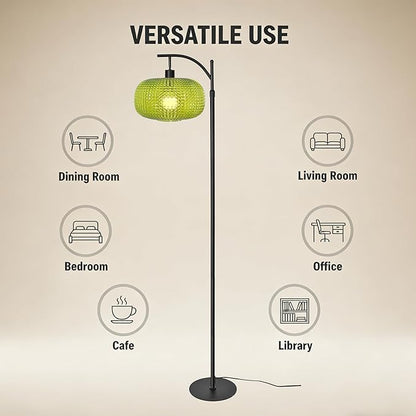 Floor Lamp for Living Room with Green Glass Shade, Modern Standing Lamp with Remote Control, Black Dimmable Tall Lamp for Bedroom Office with 12 LED Bulb