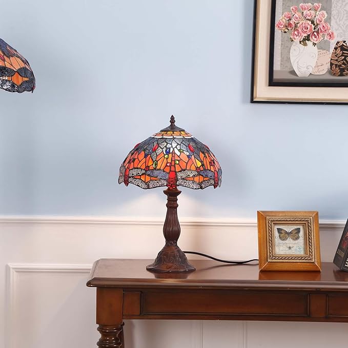 Bieye S10689 Tiffany Style Stained Glass Dragonfly Lampshade (Blue Orange, 12-inch)