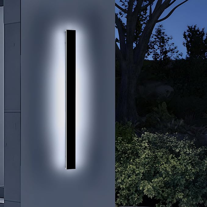 57inch Exterior Wall Light Fixture, 6000K Cold White, Modern Long Outdoor Wall Sconce, IP65 Waterproof, 50W, Black Minimalist Outside LED Strip Light for Garage, Patio, Balcony, Fence