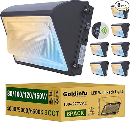150W LED Wall Pack Light with Photocell 6Pack, 4000/5000/6500K 3CCT, 80/100/120/150W Selectable, Commercial Security Flood Lighting Outdoor Wall Lights for Parking Lot Building Warehouse, ETL Listed