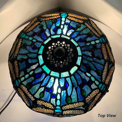 Bieye L10906 Tiffany Style Stained Glass Mushroom-Shaped Double Lit Table Lamp for Home Decor (10-inch, Blue Dragonfly)