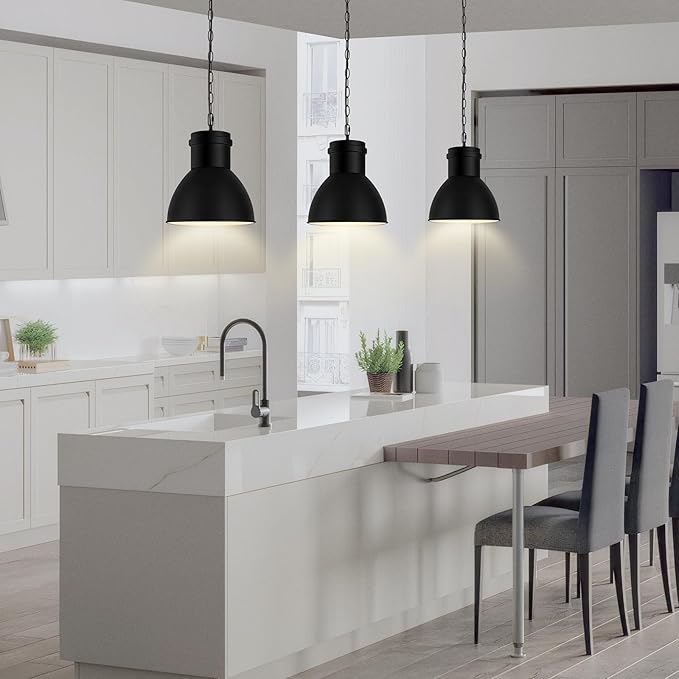 2 Pack Black Pendant Lights Kitchen Island, 10.6" Large Metal Shade and 70.9'' Adjustable Height, Farmhouse Hanging Pendant Light, Modern Pendant Lighting Fixtures for Kitchen Island/Bar, No E26 Bulb