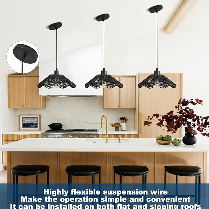 3 Pack Black Woven Pendant Light Fixtures,11.81" Rattan Pendant Lights Farmhouse Basket Light Fixture Adjustable Boho Hanging Lamp for Kitchen Island Bedroom Dining Room Foyer Hallway