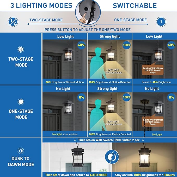 Motion Outdoor Pendant Light Fixture with Dusk to Dawn Sensor Exterior Hanging Lantern with Adjustable Chain Black with Seeded Glass Outside Lights for House Patio Front Porch Lighting