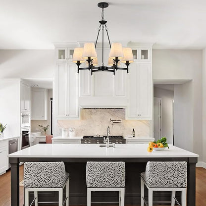Black Chandeliers for Dining Room Light Fixtures Over Table, 6-Light Modern Farmhouse Round Chandelier with Linen Shades, Vintage Hanging Pendant Lighting for Kitchen Bedroom Living Room