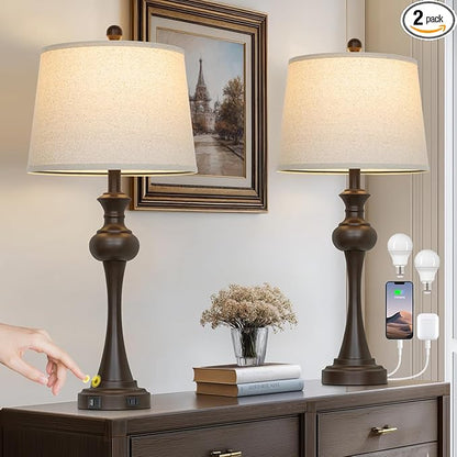 Touch Table Lamps Set of 2, 28.75" Tall Bedside Lamps with USB C+A Ports, 3-Way Dimmable Table Lamp, Nightstand lamps for Bedroom, Living Room, Office, Brown Lamps with Beige Lampshade, Bulbs Included