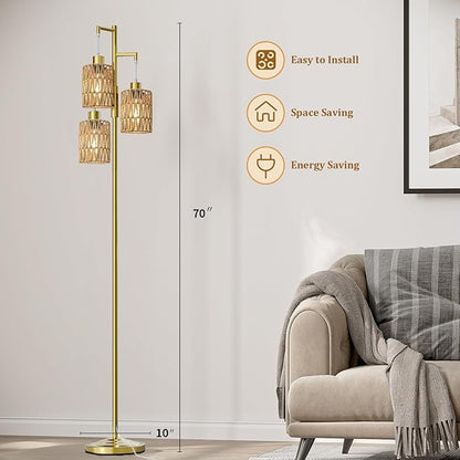 Oneach 70" Floor Lamps for Living Room, Stepless Dimmable Boho Floor Lamp with 3 Bulbs, Tall Farmhouse Industrial Corner Standing Tree Lamp for Bedroom, Office, Study Room, Dining Room, Gold