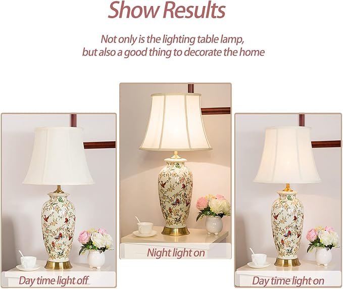 PURESILKS White 27" Flower and Bird Ceramics Table Lamp Chinoiserie Desk Lamp,Fabric Drum Shade,Gold Base, Tall Table Lamp Decor for Living Room Bedroom Bedside Office College Bookcase