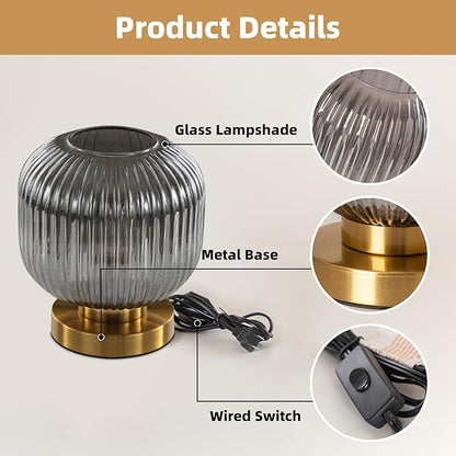 Bedside Table Lamp with Glass Shade, Small Nightlight Lamp Elegant Nightstand Lamp Modern Desk Lamp with Plug-in Style for Bedroom Living Room Tabletop,Smoky Gray, Dia7.9"x H8.7"