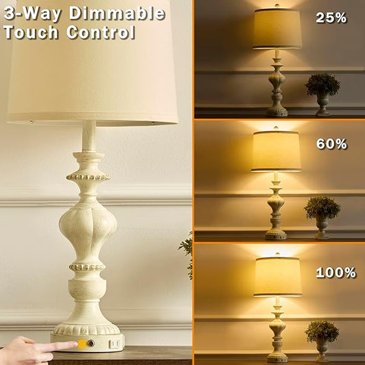 27.5" Farmhouse Table Lamps Set of 2 Bedside Nightstand Lamp with USB C+A Ports & AC Outlet, 3 Way Dimmable Touch Lamps for Bedroom Living Room Office Rustic Lamp (White Gold)