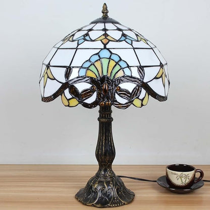 Bieye L10641 Baroque Tiffany Style Stained Glass Table Lamp Night Light with 12 inches Wide Lampshade Metal Base for Bedside Living Room Bedroom, Brown, 18-inch Tall