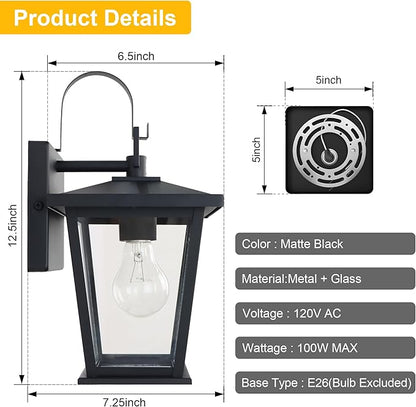 Kalium Outdoor Wall Lantern 2 Pack, Waterproof Exterior Wall Mount Light with Clear Glass in Black Finish, Porch Outside Lighting for Entryway, Backyard, Patio, E26 Base, Clear Glass 12.5 in