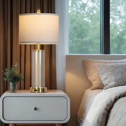 26" Gold Glass Table Lamp for Living Room Single, 3-Way Dimmable Touch Control Bedroom Lamps with USB C+A Ports & AC Outlet, Modern Bedside Lamp for Nightstand Side End Table (Bulb Included)