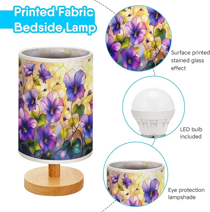 Violet Table Lamp LED 3-Color Pressed Bedside, Violet Shade Lamp with Wood Base for Bedroom Living Room Desk Office
