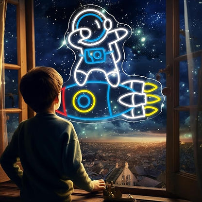 Astronauts & Rockets Neon Sign, Dimmable Spaceman LED Neon Light for Wall Decor Space Room Decor for Gifts for Teen Kids, Man Cave,Game Room