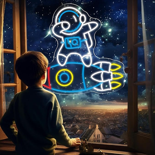 Astronauts & Rockets Neon Sign, Dimmable Spaceman LED Neon Light for Wall Decor Space Room Decor for Gifts for Teen Kids, Man Cave,Game Room