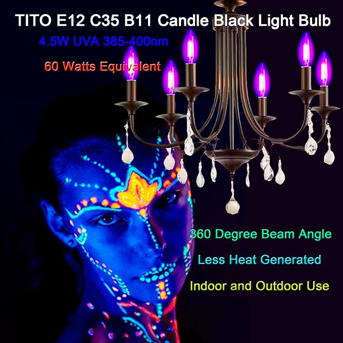 TITO 6 Pack E12 B11 Dimmable Filament LED Candle Black Light Bulbs, UVA 395nm 4.5W Candelabra Black Light Bulb, 60W Blacklight Bulb Equivalent, Glow in Dark Halloween Christmas Party Fluorescent Decor
