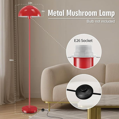 Industrial Floor Lamp, Red Floor Lamp for Living Room, 66Inch Tall Modern Standing Lamp, Stand Up Lamp with Metal Dome Shade, Mid Century Corner Reading Lamp for Bedroom Office Nursery Room, NO BULB