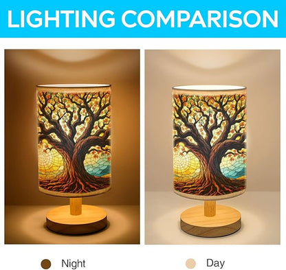 Tree of Life Table Lamp LED 3-Color Pressed Bedside, Tree of Life Shade Lamp with Wood Base for Bedroom Living Room Desk Office TL01