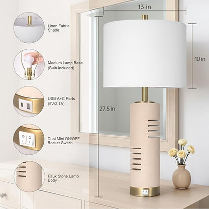 27.5" Faux Stone Table Lamps Set of 2 with Night Light, Farmhouse Lamps for Living Room with USB A+C Ports, Bedside Table Lamps with Linen Shade for Bedroom Nightstand Office (Bulb Included)