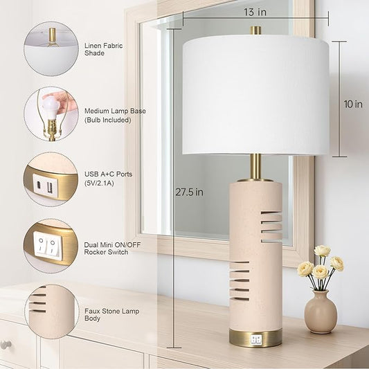 27.5" Faux Stone Table Lamps Set of 2 with Night Light, Farmhouse Lamps for Living Room with USB A+C Ports, Bedside Table Lamps with Linen Shade for Bedroom Nightstand Office (Bulb Included)