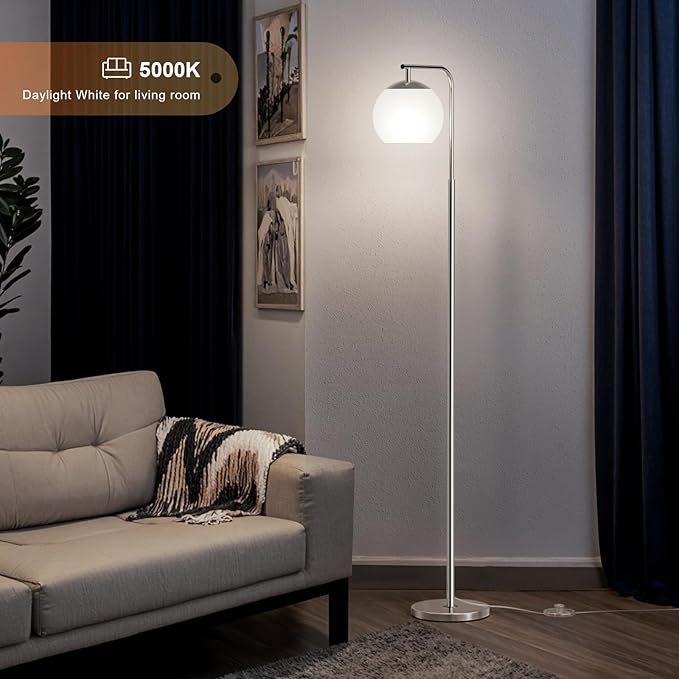 Modern Floor Lamps with Globe Shade, 3 Color Temperatures & Foot Switch, Mid Century Standing Lamp Tall for Bedroom, Living Room, Office, Silver