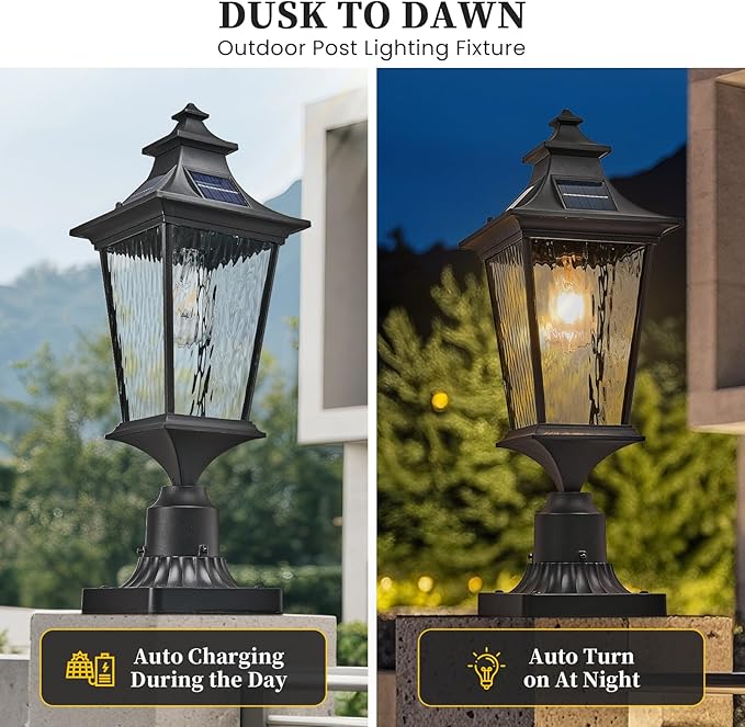 Solar Lamp Post Light Aluminum 20.7 Inch Large Size Outdoor Post Lights Hard Wired with Water Ripple Glass Black Lamp Posts Outdoor Lighting with Remote Control and LED Bulb