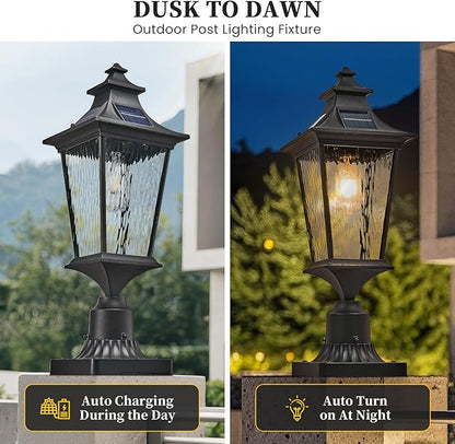 Solar Lamp Post Light Aluminum 20.7 Inch Large Size Outdoor Post Lights Hard Wired with Water Ripple Glass Black Lamp Posts Outdoor Lighting with Remote Control and LED Bulb