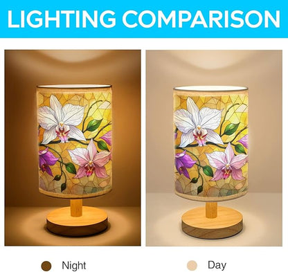 Orchid Table Lamp LED 3-Color Pressed Bedside, Orchid Shade Lamp with Wood Base for Bedroom Living Room Desk Office