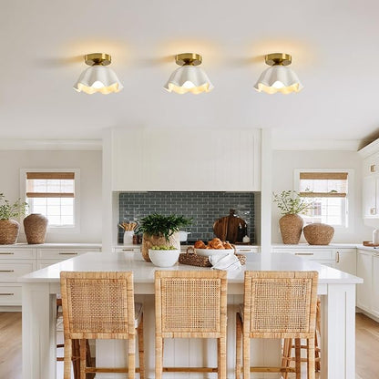 Glaze Ceramic Semi Flush Mount Ceiling Light - 2 Pack, Vintage Gold Hallway Light Fixtures, Flower White Globe Ceiling Lights, Mid Century Small Light Fixture for Cottage Entryway Laundry Room Foyer