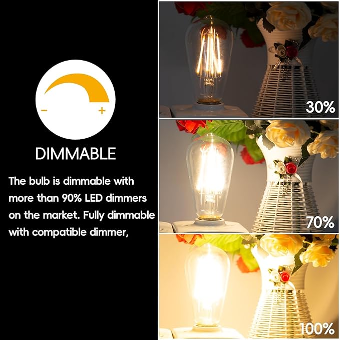 Jensense Edison LED Light Bulbs 8Watt Dimmable, 2700K Warm White, E26 Base, 60watt Equivalent, Vintage Bulbs 800lm CRI 90 Clear Glass, 64 Pack