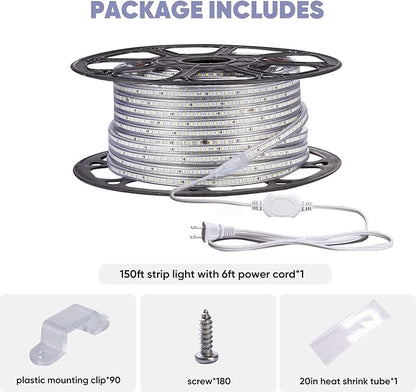 Shine Decor LED Strip Light 150FT 120VAC, Super Bright 19012 Lumens Dimmable, IP65 Waterproof for Outdoor Indoor, 6500K Cool White Every 1.6ft Cuttable Proselect Lighting Strip, 6x10mm ETL Listed