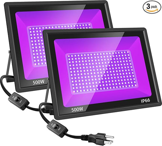 2 Pack 500W LED Black Lights, Blacklight Flood Light with Plug & Switch, Waterproof LED Lamps for Neon Glow Party, Halloween, Christmas Decor and Art Displays in Large Space