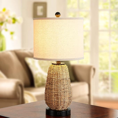 Touch Control Rattan Table Lamps, 3 Way Dimmable Bedside Lamps for Bedroom Set of 2 with 2 USB Ports and AC Outlet, Nightstand Lamps for Living Room (LED Bulbs Included), Grass