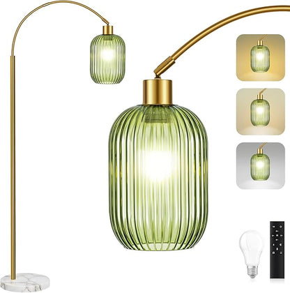 COTTHOS Floor Lamp for Living Room, Modern Gold Lamp with Ribbed Glass Lampshade Marble Base, 68” Glass Tall Lamp with Remote Control and Pedal Switch for Bedroom (6000K LED Bulb Included)