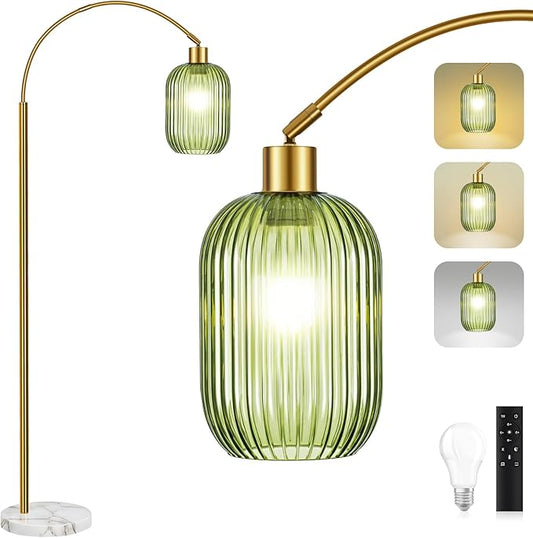 COTTHOS Floor Lamp for Living Room, Modern Gold Lamp with Ribbed Glass Lampshade Marble Base, 68” Glass Tall Lamp with Remote Control and Pedal Switch for Bedroom (6000K LED Bulb Included)