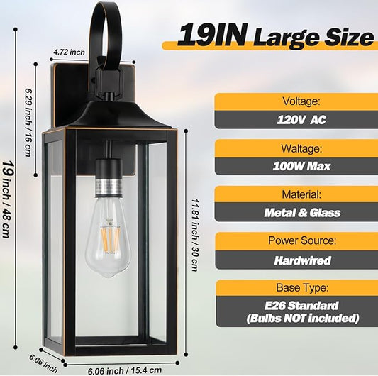 19" Large Outdoor Wall Light Fixtures, 2 Pack Black Exterior Light Fixtures Wall Sconces Porch Lights Outdoor, Waterproof Outdoor Lighting for House Garage Entryway-with Gold Trim