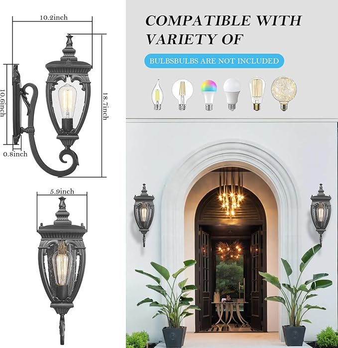 Porch Light Outdoor Wall Lights Exterior Lighting Fixtures, 18.7 Inch Waterproof Black Porch Lights Outdoor Wall Sconces Light Fixture with Seeded Glass for Outside Patio Garage