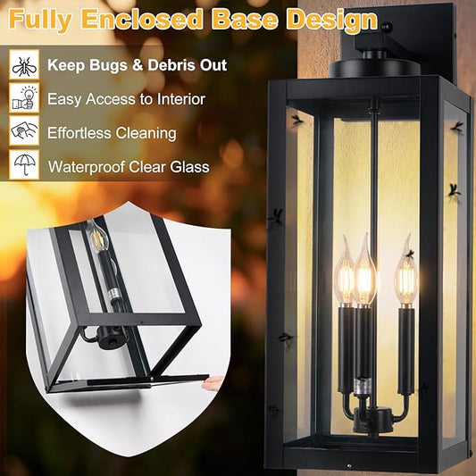 24" Extra Large Fully Enclosed Dusk to Dawn Outdoor Light Fixture 3-Light, Black Outdoor Porch Lantern Wall Mounted, Waterproof Outside Wall Sconce Coach Lamp for House, E12, 2 Packs