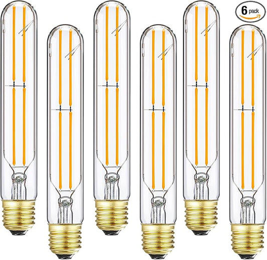7.3Inch T10 Led Bulb 6W Dimmable Light Bulbs E26 Tubular Bulbs 60 Watt Warm White 2700K E26 Edison AC120V 600lm Tube T9 T10 for Rustic Pendant,Chandeliers,Wall sconces, 6-Pack