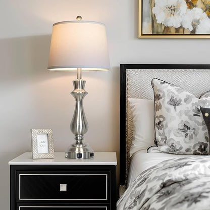 Modern Silver Table Lamps Set of 2 for Living Room,30" Tall Bedside Lamp with USB Charging Port,3-Way Dimmable Touch Nightstand Lamp for Bedroom Desk Side Table Office,Silver