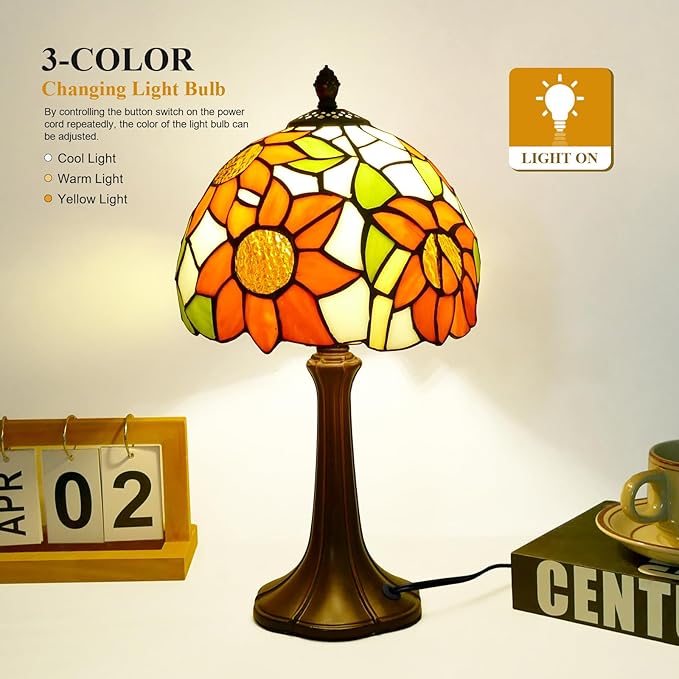 Tiffany Style Lamp Sunflower Vintage Table Lamp Small Lamps Stained Glass Lamp Tiffany Lamps for Bedroom 8" Wide 15" Tall for Living Room Home Office with LED Bulb
