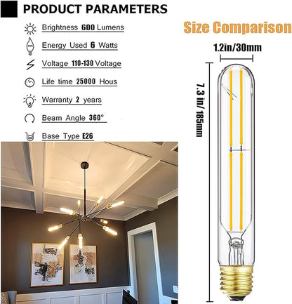 7.3 Inch E26 T10 Led Bulb 60 watt 3000k Soft White Edison Bulbs,6W E26 Long Light Bulb Tubular Light Bulb T10 Bulb T9 for Rustic Pendant,Industrial Pipe,Wall Sconces 6 Pack