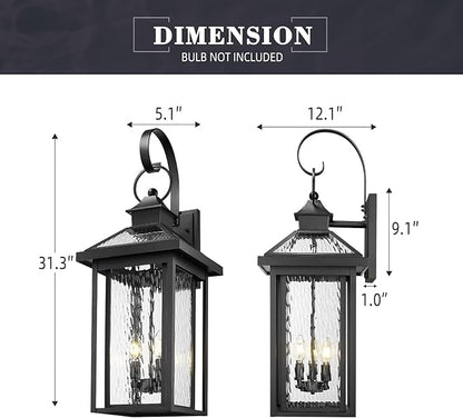 zeyu Extra Large Outdoor Wall Lighting, 31.3 Inch Exterior 3-Light Wall Lamp for Patio, Die-Cast Aluminum with Water Ripple Glass, Black Finish, ZW114BL BK-SW