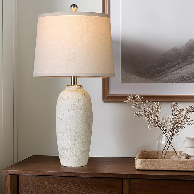 25“ Jar Table Lamps Set of 2, Ceramic Bedside Lamps for Bedroom, Beige Farmhouse Nightstand Lamps for Living Room