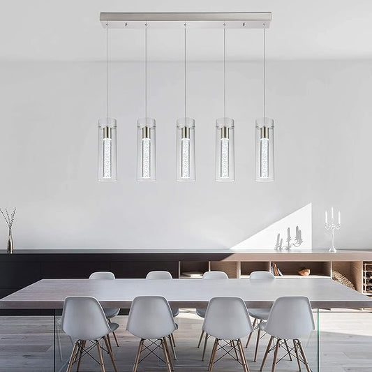 Modern Kitchen Lighting Pendant Fixtures 5-Light LED Pendant Ceiling Fixture Brushed Nickel Bubble Cylinder Pendant Light with Adjustable Length for Kitchen Island Dinning Room Bedroom