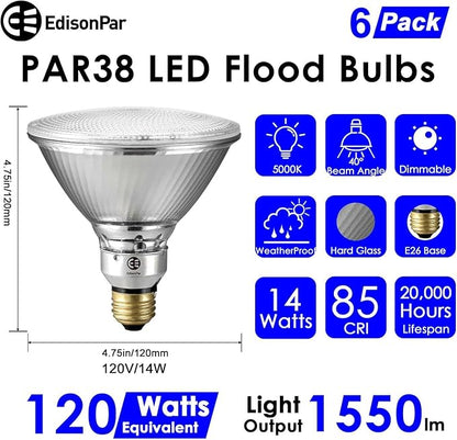 PAR38 Full Glass Commercial Grade LED Light Bulb, 14W=120W Equivalent 1550 Lumens 20000 Hours Classic Flood Light Bulbs, Dimmable Daylight 5000K Light 40Degree Beam Angle, 6-Pack